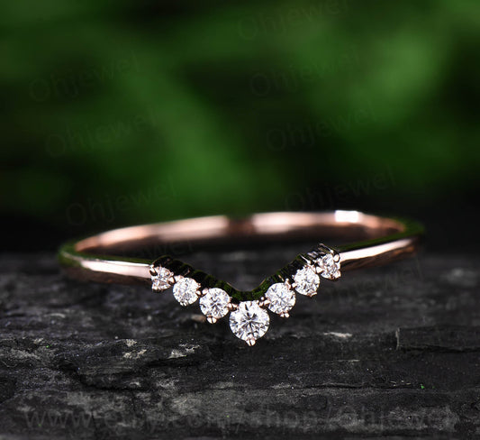 Moissanite wedding band curved moissanite wedding ring band bridal ring solid 10k 14k 18k rose gold stacking matching band
