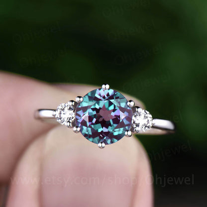 Three stone moissanite ring vintage alexandrite engagement ring white gold ring women June birthstone ring anniversary wedding ring gift
