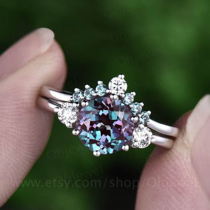 2pcs Three stone ring vintage unique moissanite engagement ring alexandrite bridal set round alexandrite engagement ring set white gold ring