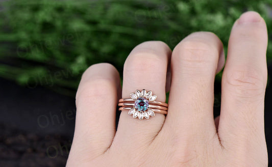 3pcs Alexandrite bridal set color change alexandrite engagement ring set rose gold crown marquise moissanite wedding June birthstone ring