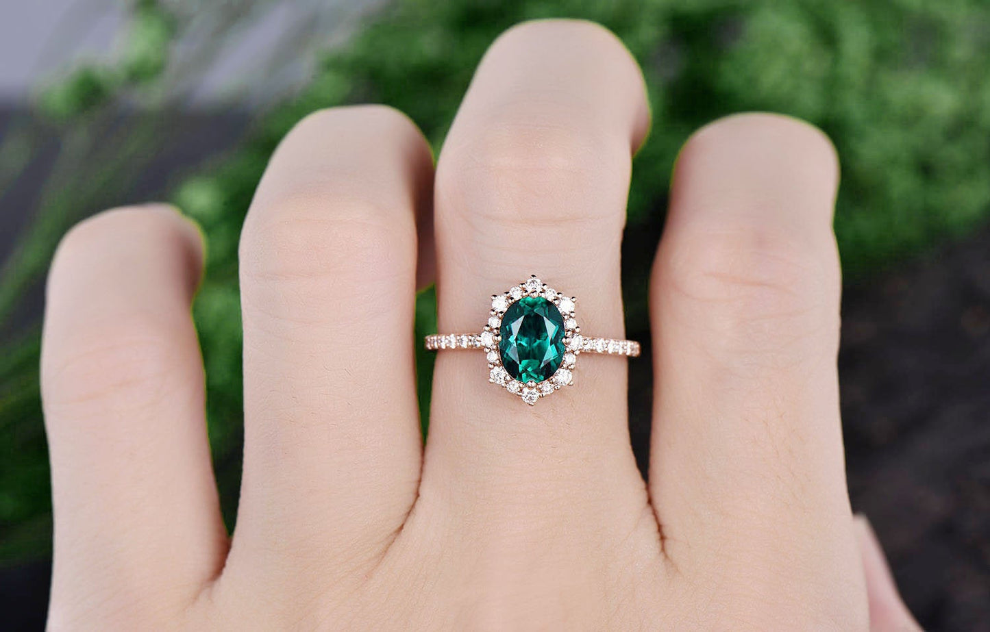 1.3ct emerald ring vintage halo moissanite ring emerald engagement ring solid rose gold anniversary birthday gift for women