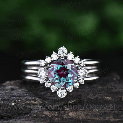 Three stone moissanite crown ring 3pcs color change alexandrite engagement ring set rose gold wedding bridal set anniversary gift jewelry