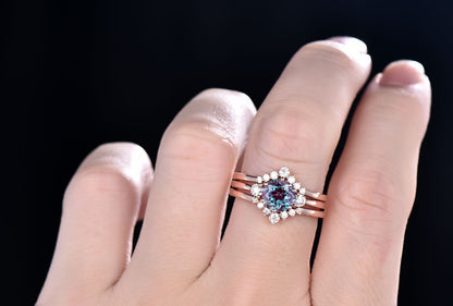 Three stone moissanite crown ring 3pcs color change alexandrite engagement ring set rose gold wedding bridal set anniversary gift jewelry