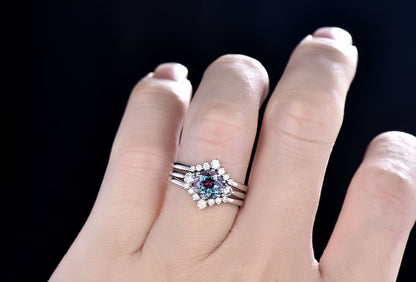 Three stone moissanite crown ring 3pcs color change alexandrite engagement ring set rose gold wedding bridal set anniversary gift jewelry