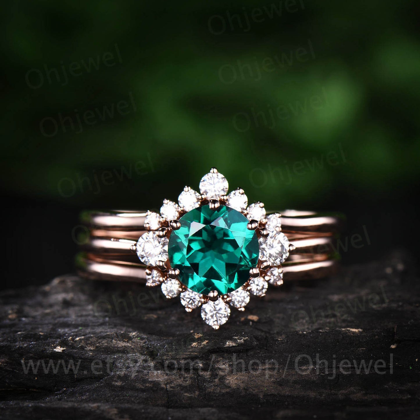 Three stone moissanite crown curved ring unique vintage 3pcs emerald engagement ring set rose gold wedding bridal ring set anniversary gift