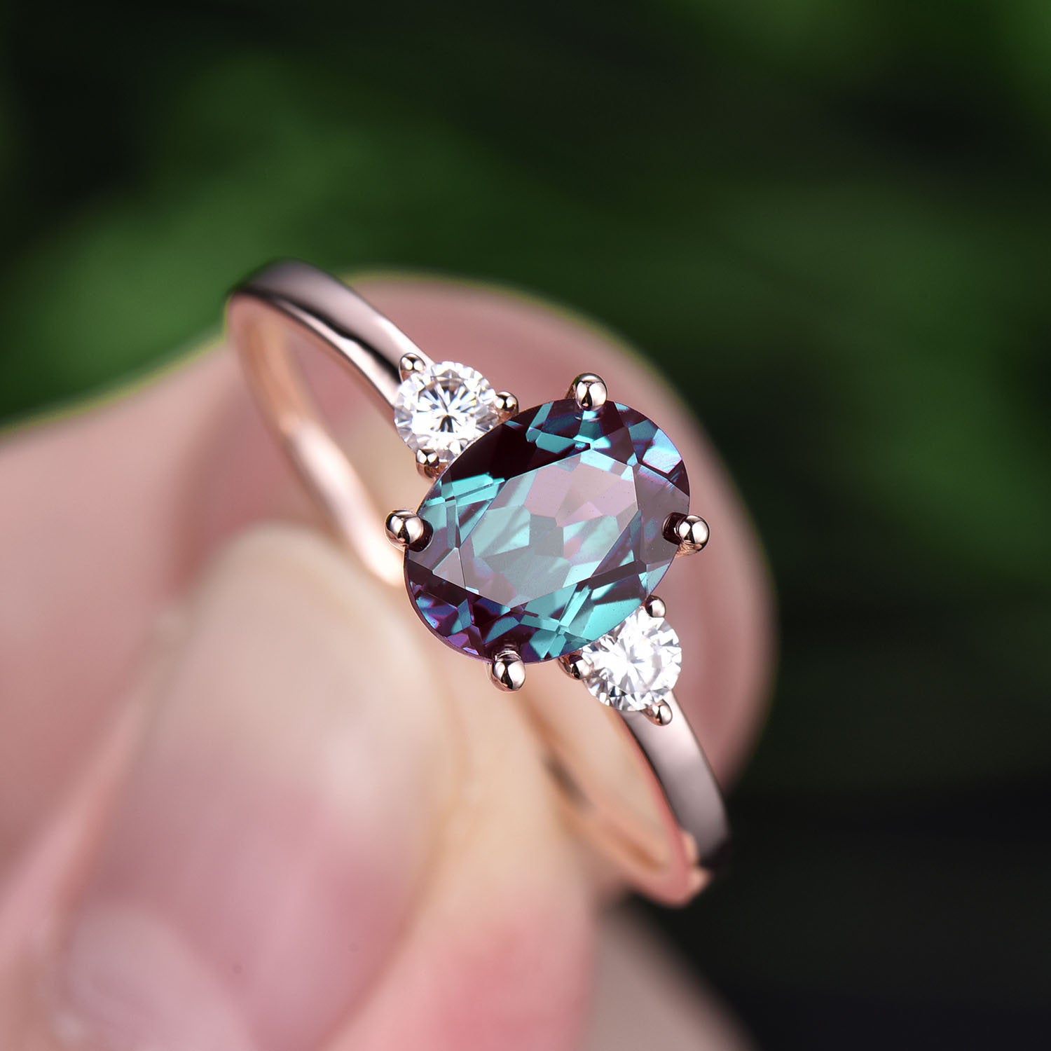 Three stone moissanite ring antique color change alexandrite engagemen ...