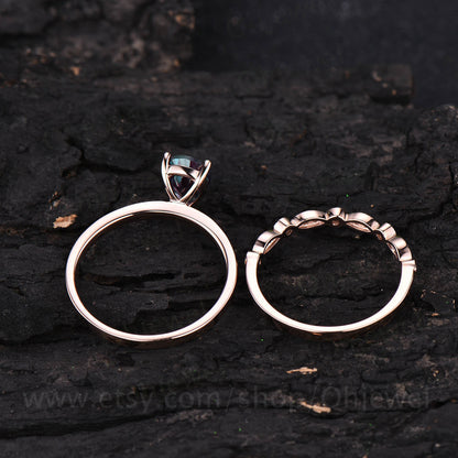 Solitaire ring 2pcs color change alexandrite engagement ring set rose gold alexandrite bridal ring set bridal birthday anniversary gift