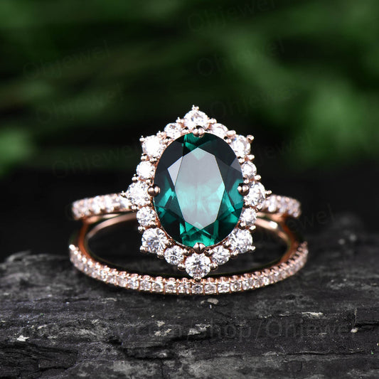 1.6ct oval cut emerald ring set vintage unique engagement ring 2pcs emerald engagement ring rose gold halo moissanite ring diamond band