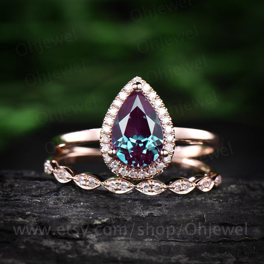 2pcs marquise diamond halo ring unique vintage engagement ring color change alexandrite engagement ring set rose gold wedding birthday gift