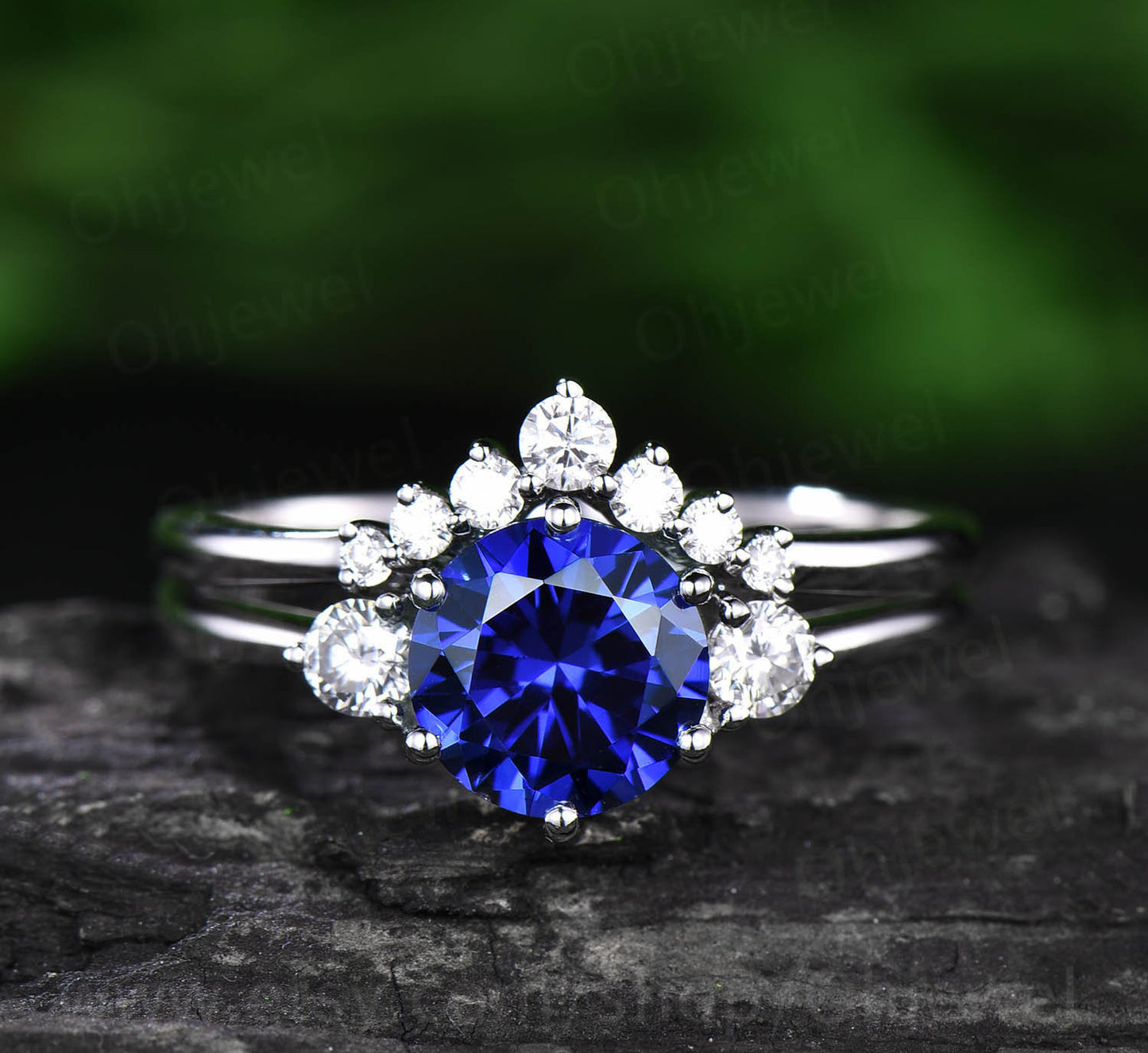 Three stone moissanite ring round blue sapphire engagement ring rose gold 10k/14K/18K sapphire ring vintage wedding bridal ring jewelry gift