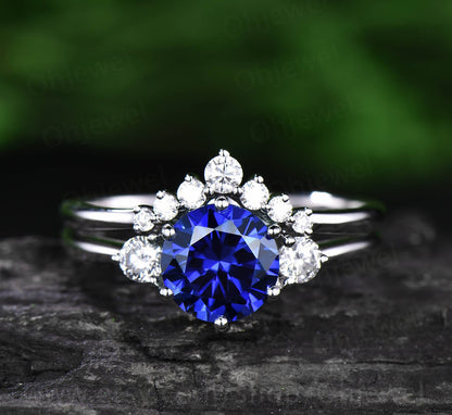 Vintage unique three stone engagement ring 2pcs sapphire engagement ring white gold V crown moissanite ring set birthday wedding bridal gift