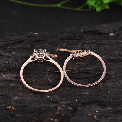 1ct Moissanite engagement ring set 2pcs Moissanite bridal set rose gold marquise crown black diamond wedding band anniversary gift jewelry