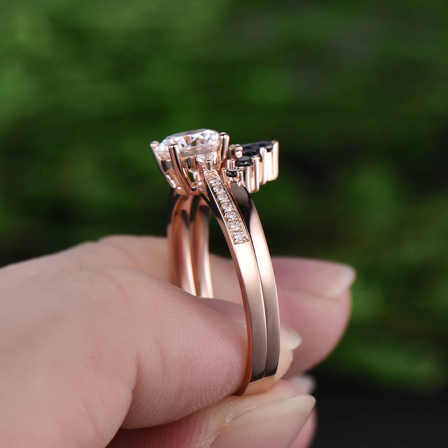 1ct Moissanite engagement ring set 2pcs Moissanite bridal set rose gold marquise crown black diamond wedding band anniversary gift jewelry