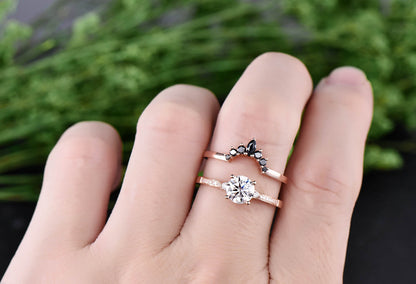 1ct Moissanite engagement ring set 2pcs Moissanite bridal set rose gold marquise crown black diamond wedding band anniversary gift jewelry