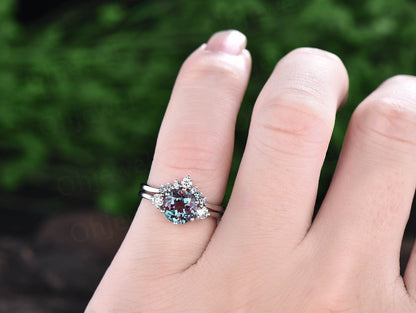 2pcs Three stone ring vintage unique moissanite engagement ring alexandrite bridal set round alexandrite engagement ring set white gold ring