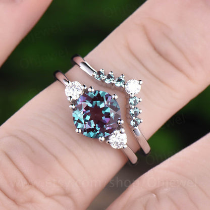 2pcs Three stone ring vintage unique moissanite engagement ring alexandrite bridal set round alexandrite engagement ring set white gold ring