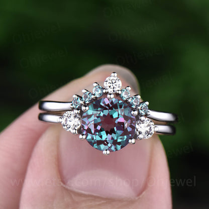 2pcs Three stone ring vintage unique moissanite engagement ring alexandrite bridal set round alexandrite engagement ring set white gold ring