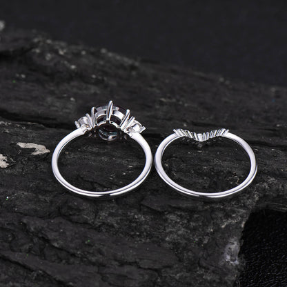 2pcs Three stone ring vintage unique moissanite engagement ring alexandrite bridal set round alexandrite engagement ring set white gold ring