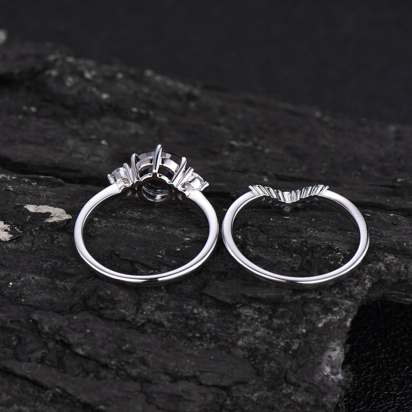 Vintage alexandrite engagement ring set 14k white gold three stone moissanite ring for women unique engagement ring promise wedding ring set