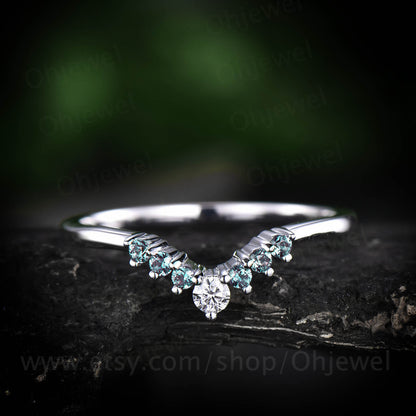 Curved V Alexandrite wedding band crown moissanite wedding ring matching stacking ring band rose gold jewelry anniversary birthday gift