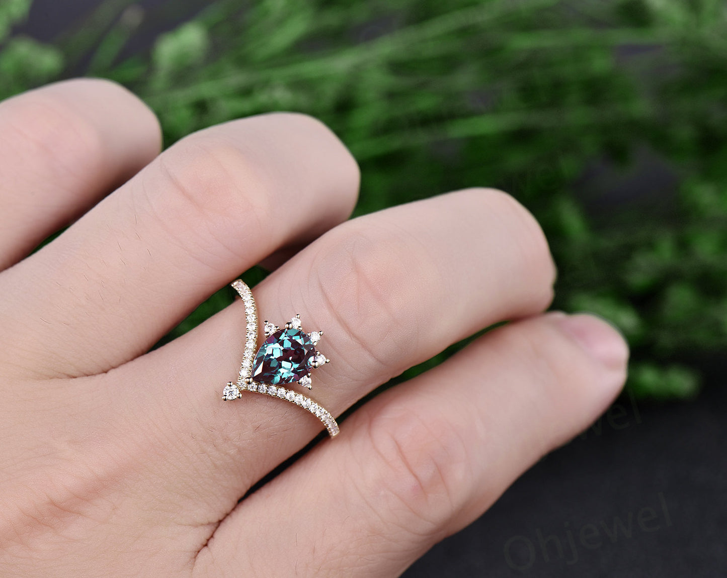 Antique vintage unique engagement ring  pear color change alexandrite engagement ring 14k yellow rose gold June birthstone moissanite ring