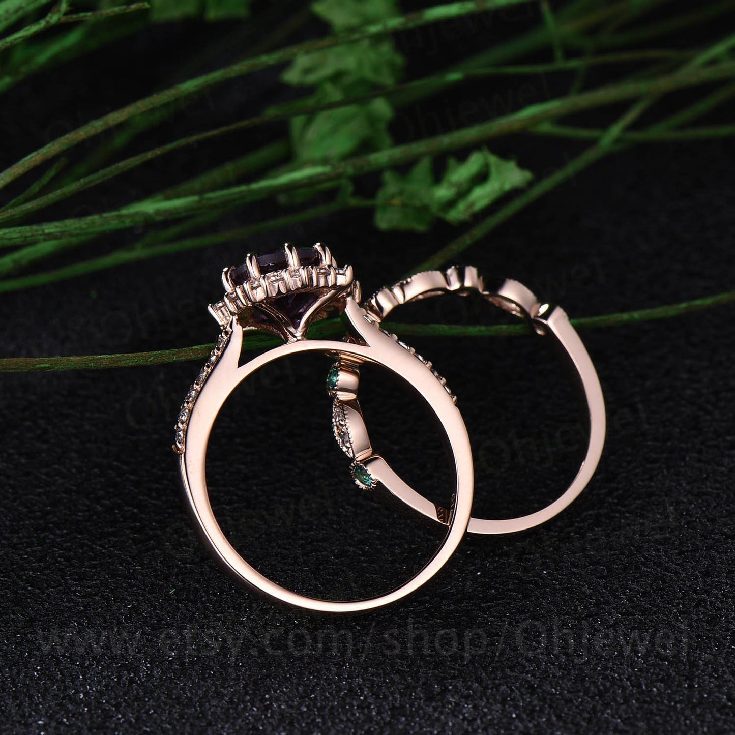 1ct Color change alexandrite ring gold women vintage alexandrite engagement ring set art deco rose gold diamond ring wedding ring set gift