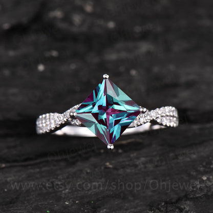 7mm Princess cut Alexandrite ring color change Alexandrite engagement ring rose gold unique twisted moissanite ring wedding anniversary gift