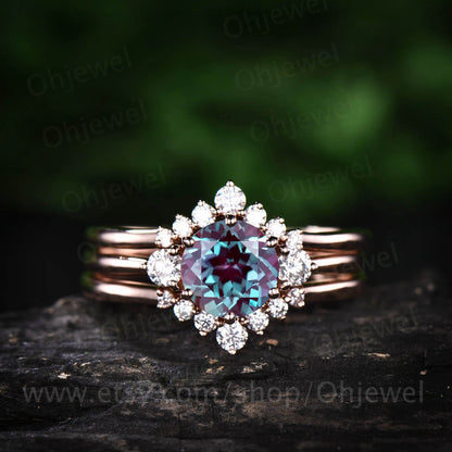 Three stone moissanite crown ring 3pcs color change alexandrite engagement ring set rose gold wedding bridal set anniversary gift jewelry