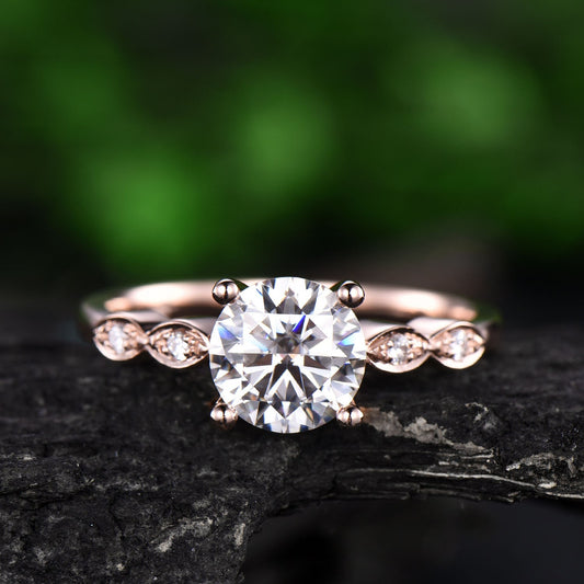 1ct round cut moissanite engagement ring rose gold 14K/18K moissanite art deco ring unique vintage engagement ring gift for her jewelry