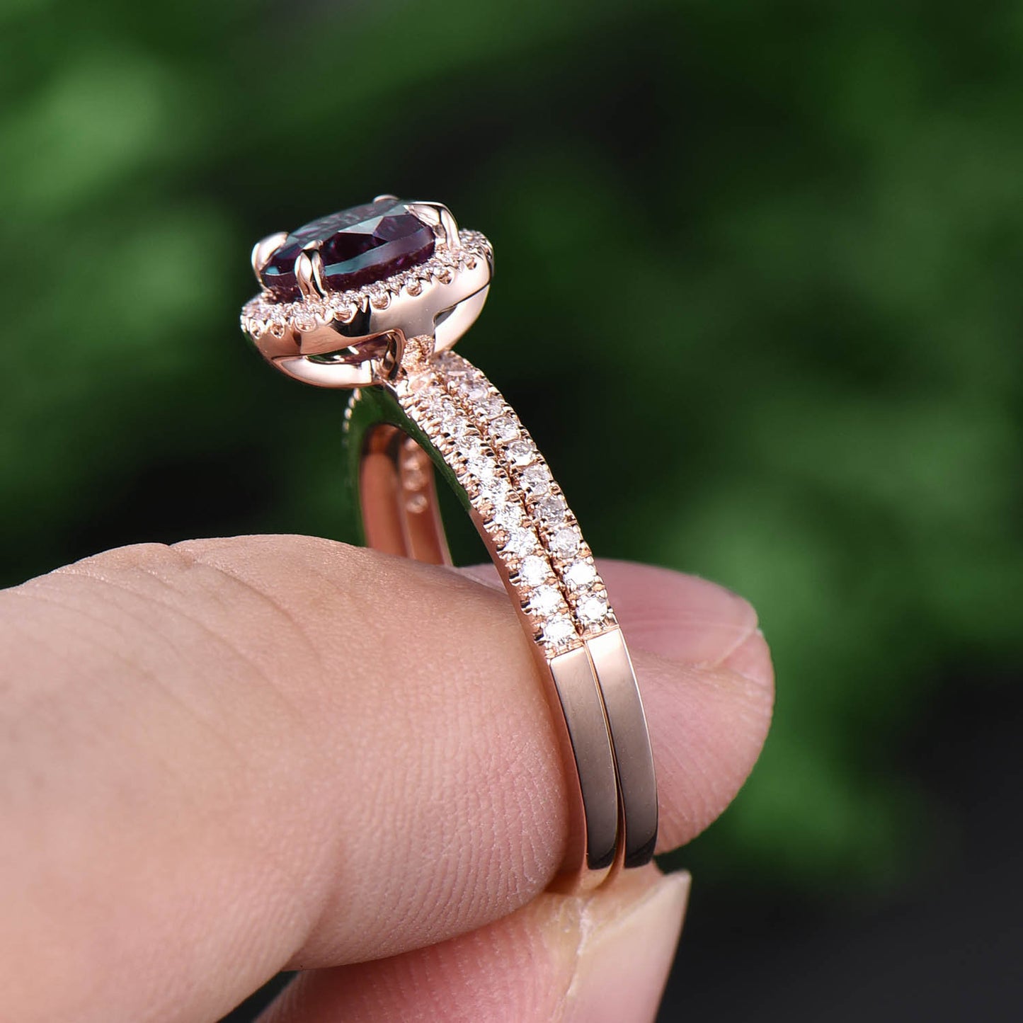 Round alexandrite ring for women unique vintage halo moissanite ring 2pcs color change alexandrite engagement ring set rose gold bridal set