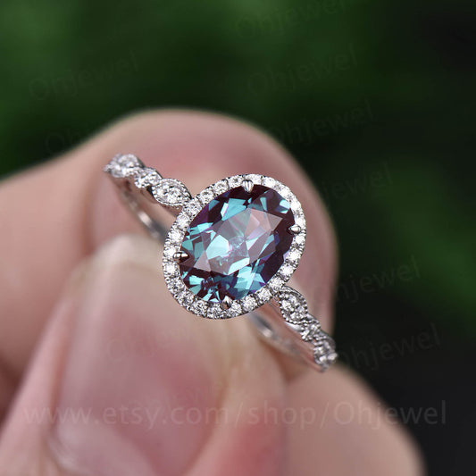 6x8mm oval alexandrite ring vintage unique marquise halo cluster moissanite ring color change alexandrite engagement ring white gold ring