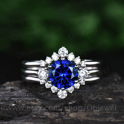 3pcs sapphire engagement ring set white rose gold sapphire bridal set moissanite halo vintage unique engagement September birthstone ring
