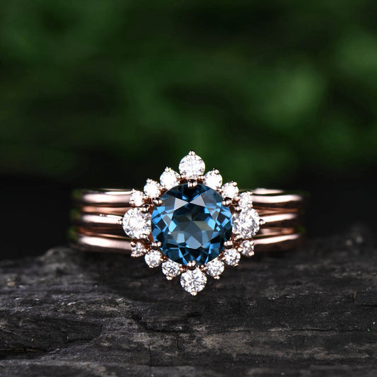 3pcs London blue topaz engagement ring set rose gold topaz bridal wedding set November birthstone ring halo moissanite curved ring set gift