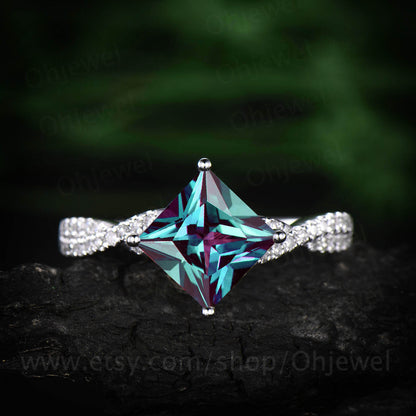 7mm Princess cut Alexandrite ring color change Alexandrite engagement ring rose gold unique twisted moissanite ring wedding anniversary gift
