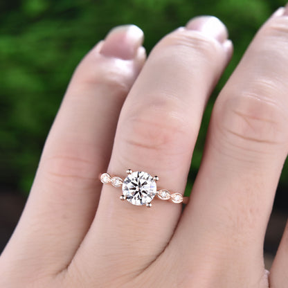 1.25ct round cut moissanite engagement ring rose gold 14K/18K moissanite art deco ring unique vintage engagement ring gift for her jewelry