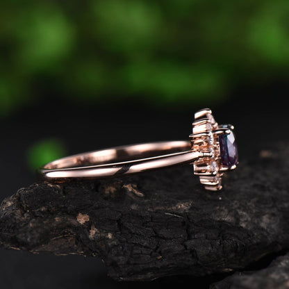 Sunflower cluster halo moissanite ring color change alexandrite engagement ring rose gold June birthstone ring unique antique jewelry gift