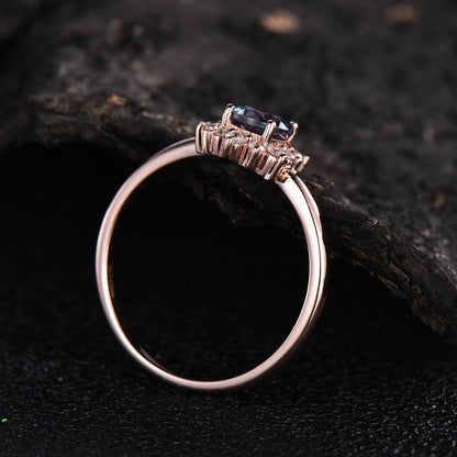 Sunflower cluster halo moissanite ring color change alexandrite engagement ring rose gold June birthstone ring unique antique jewelry gift