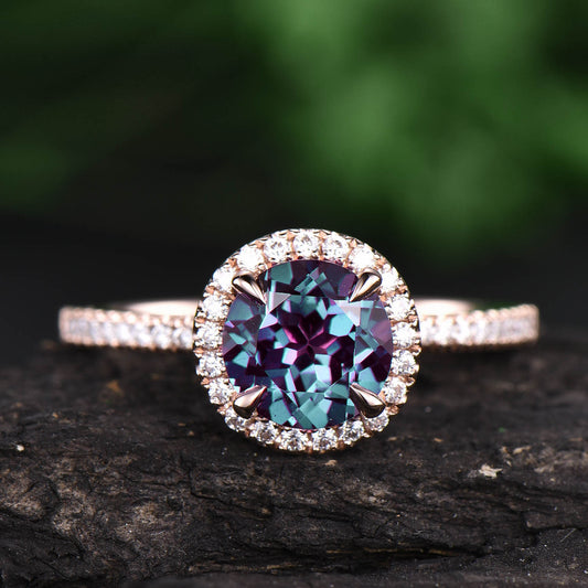 6.5mm round alexandrite ring for women vintage halo cluster moissanite ring color change alexandrite engagement ring rose gold wedding ring