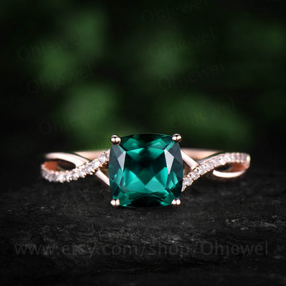 1.5ct cushion emerald engagement ring rose gold 14K/18K emerald ring vintage real diamond ring may birthstone promise wedding bridal ring