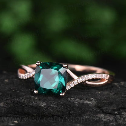 1.5ct cushion emerald engagement ring rose gold 14K/18K emerald ring vintage real diamond ring may birthstone promise wedding bridal ring