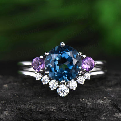 Vintage amethyst ring gold Three stone ring 2pc London blue topaz engagement ring set white gold 14K/18K moissanite November birthstone ring