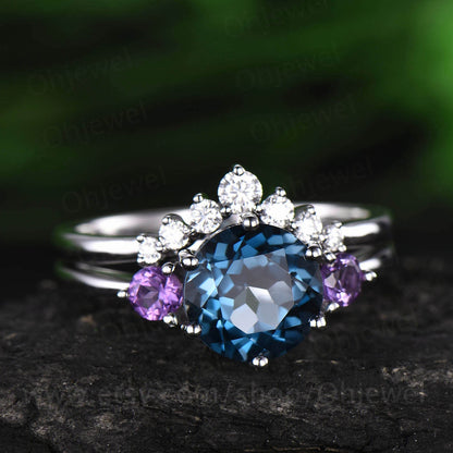 Vintage amethyst ring gold Three stone ring 2pc London blue topaz engagement ring set white gold 14K/18K moissanite November birthstone ring