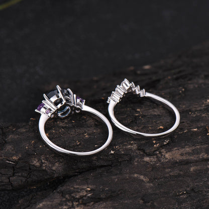 Vintage amethyst ring gold Three stone ring 2pc London blue topaz engagement ring set white gold 14K/18K moissanite November birthstone ring