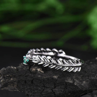 Vintage natural emerald ring gold unique emerald ring white gold feather Leaves ring wedding bridal ring gift jewelry May birthstone ring
