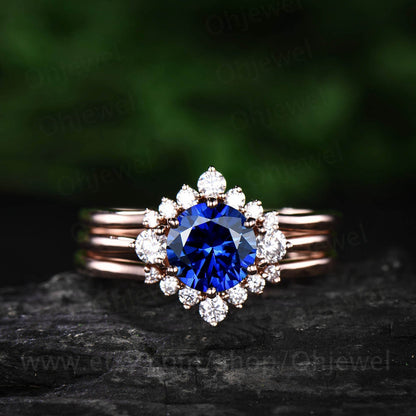 3pcs sapphire engagement ring set white rose gold sapphire bridal set moissanite halo vintage unique engagement September birthstone ring