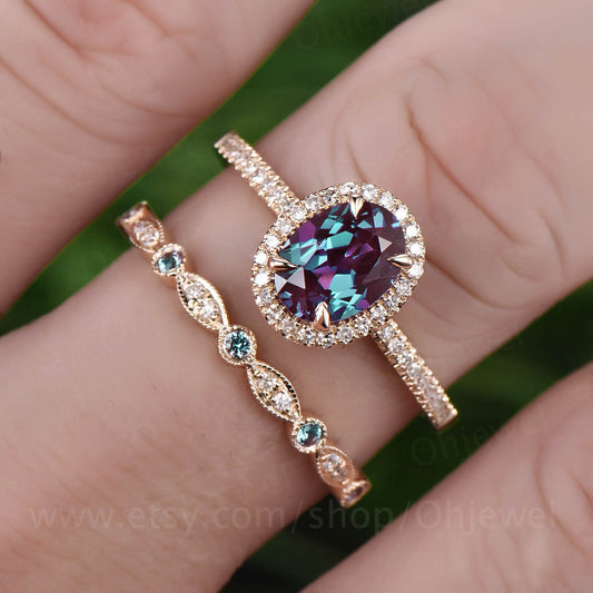 2pcs alexandrite bridal set unique vintage halo color change oval alexandrite engagement ring set yellow gold matching diamond wedding band