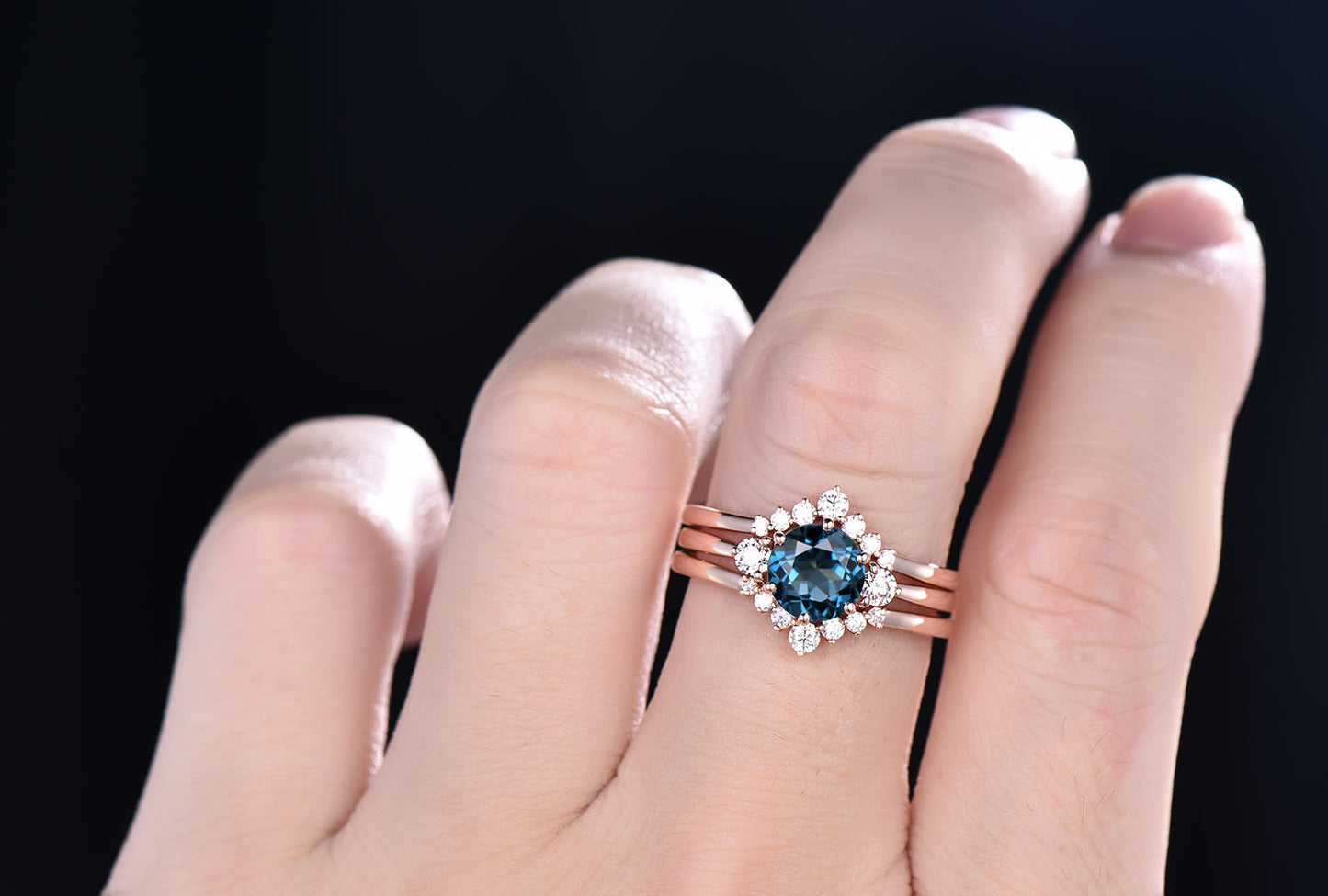 3pcs London blue topaz engagement ring set rose gold topaz bridal wedding set November birthstone ring halo moissanite curved ring set gift