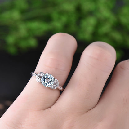 Aquamarine engagement ring rose gold 14K/18K moissanite wedding band aquamarine ring gold March birthstone ring flower marquise promise ring