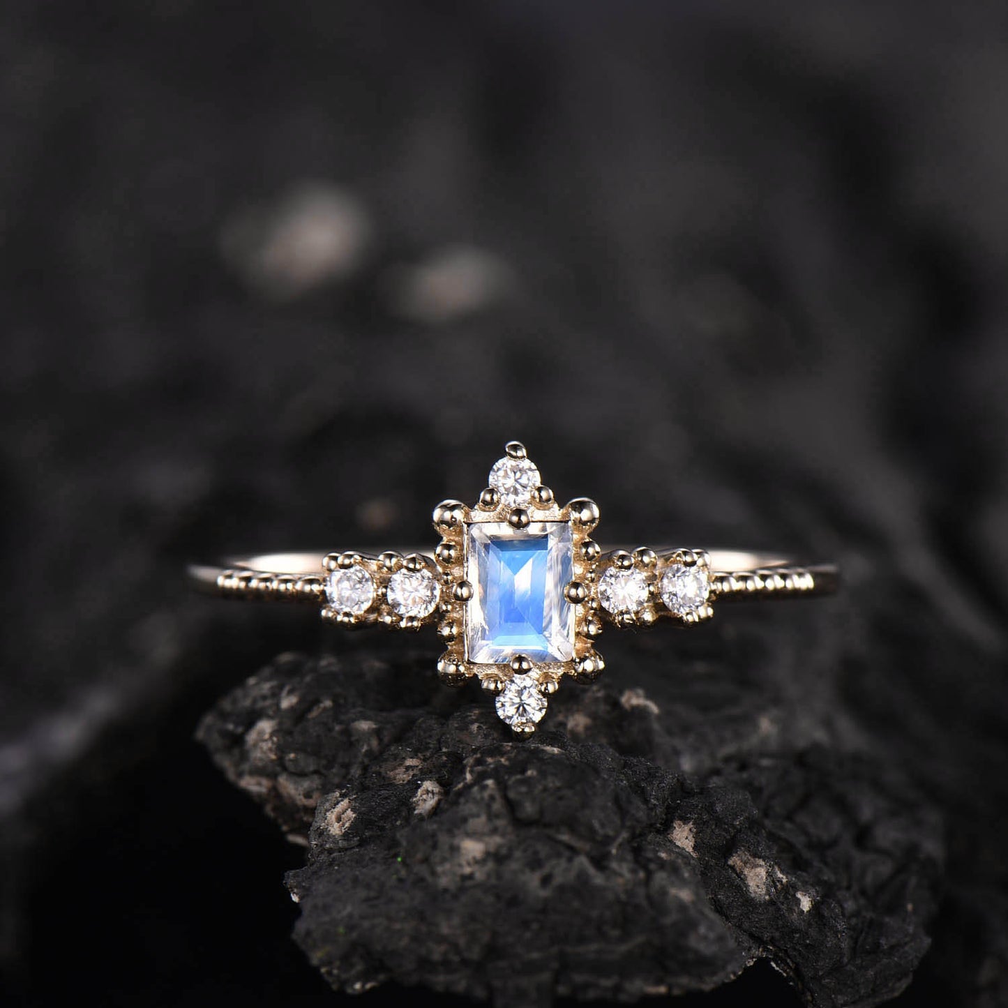 Cluster moissanite ring unique vintage antique ring emerald cut moonstone ring moonstone engagement ring gold birthday anniversary gift
