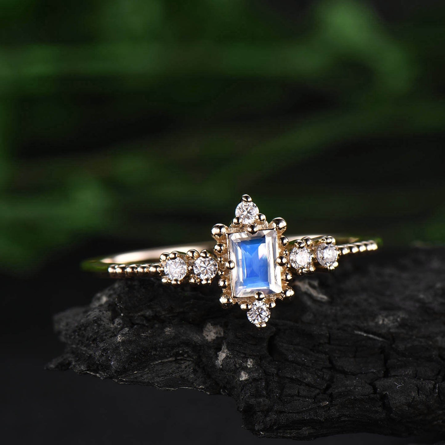 Cluster moissanite ring unique vintage antique ring emerald cut moonstone ring moonstone engagement ring gold birthday anniversary gift